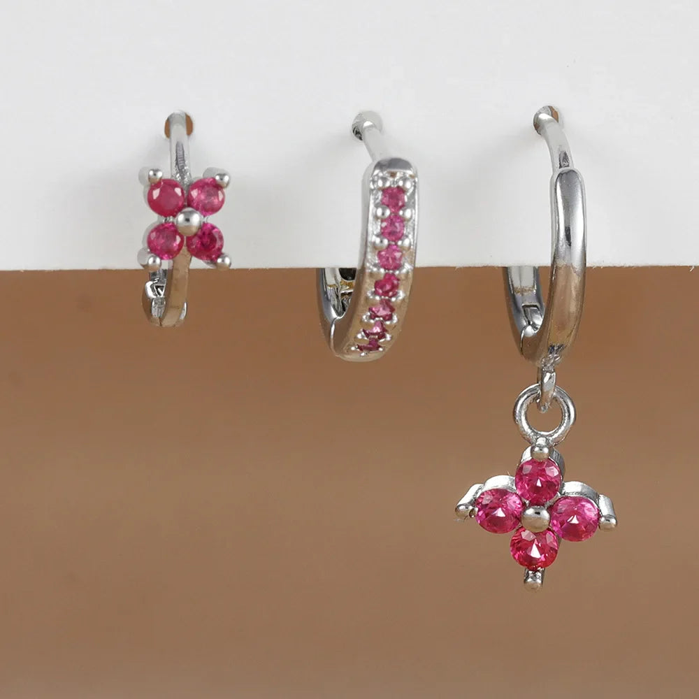 3PCS Fashion Orange Blue Zircon Hanging Earrings Set for Women Stainless Steel Flower Dangle Earring Piercing Jewelry