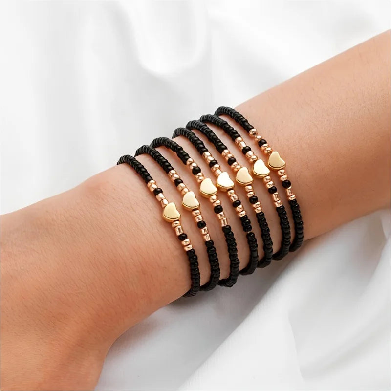 7Pcs Colorful Rice Beads Bracelet Set For Women Fashion Heart Charm Elastic Beaded Chain Bangle Female Trendy Jewelry Gift