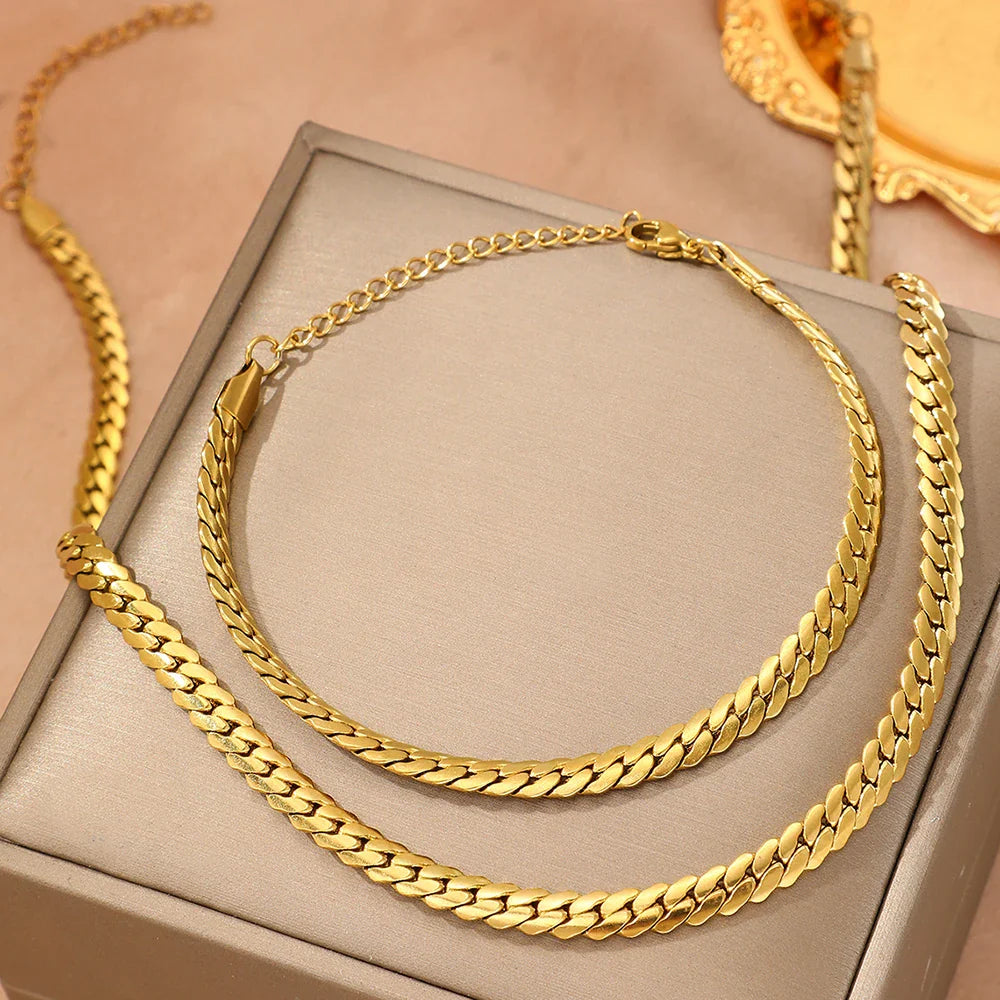Aomogo Stainless Steel Simple Flat Cuban Chain Bracelet Necklace Jewelry Set 18k Gold Plated Fashion Thick Chain Fashion Jewelry