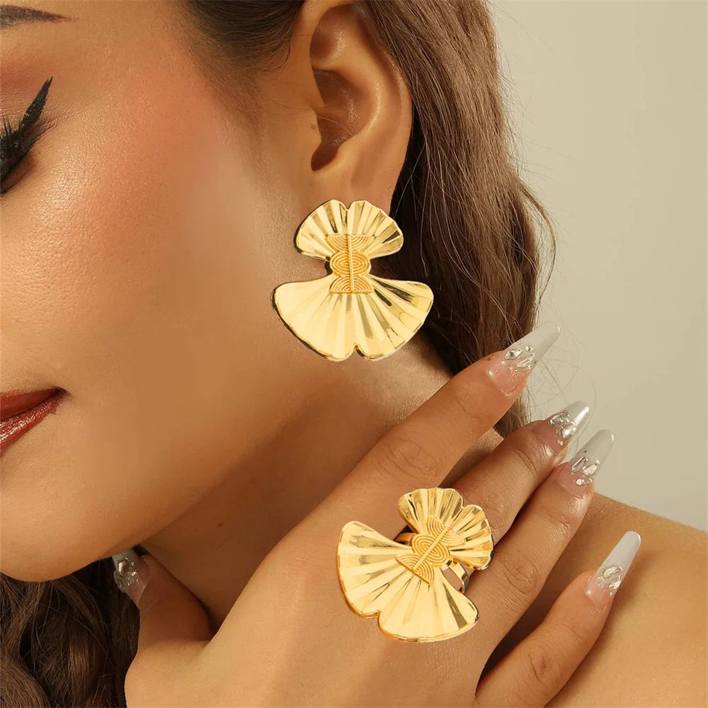 African 18k Gold Color Jewelry Set for Party Clip Earrings and Finger Ring 2Pcs Set for Engagement Dubai Earrings Ring Jewelry