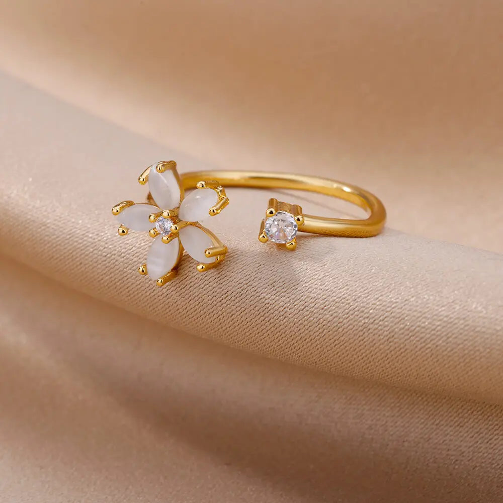 Opal Flower Rings For Women Cubic Zirconia Openning Stainless Steel Flower Ring Wedding Floral Aesthetic Jewelry anillos mujer