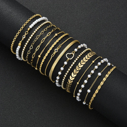 16pcs Minimalist Heart Pearl Rhinestone Snake Chain Bracelet Set for Women Elegant Gold Color Dates Vacations Daily Wear Jewelry
