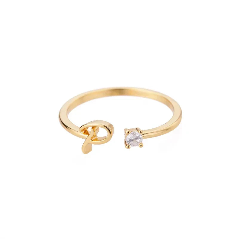 A-Z Initial Letter Open Rings for Women Stainless Steel Gold Color Zircon Adjustable Ring Trendy Couple Wedding Jewelry Gift
