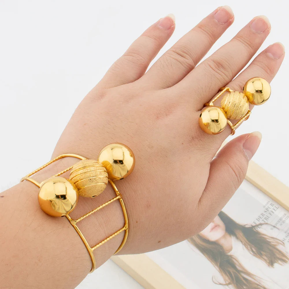 African Gold Color Jewelry Set for Women Beads Design Cuff Bangle and Ring Dubai Weddings Bride Jewelry Set Accessories Gifts