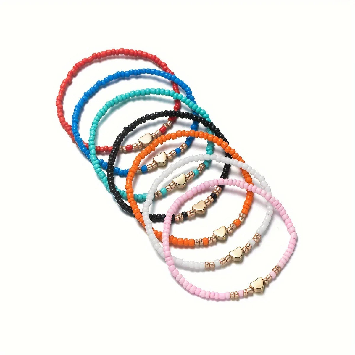 7Pcs Colorful Rice Beads Bracelet Set For Women Fashion Heart Charm Elastic Beaded Chain Bangle Female Trendy Jewelry Gift