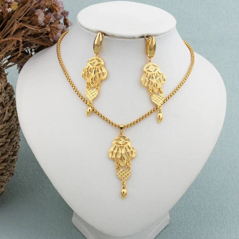 African Hoop Earrrings Necklace for Women Gold Plated Bead Chain Jewelry Set Dubai Classic Fashion Round Pendant Nigerian Gift