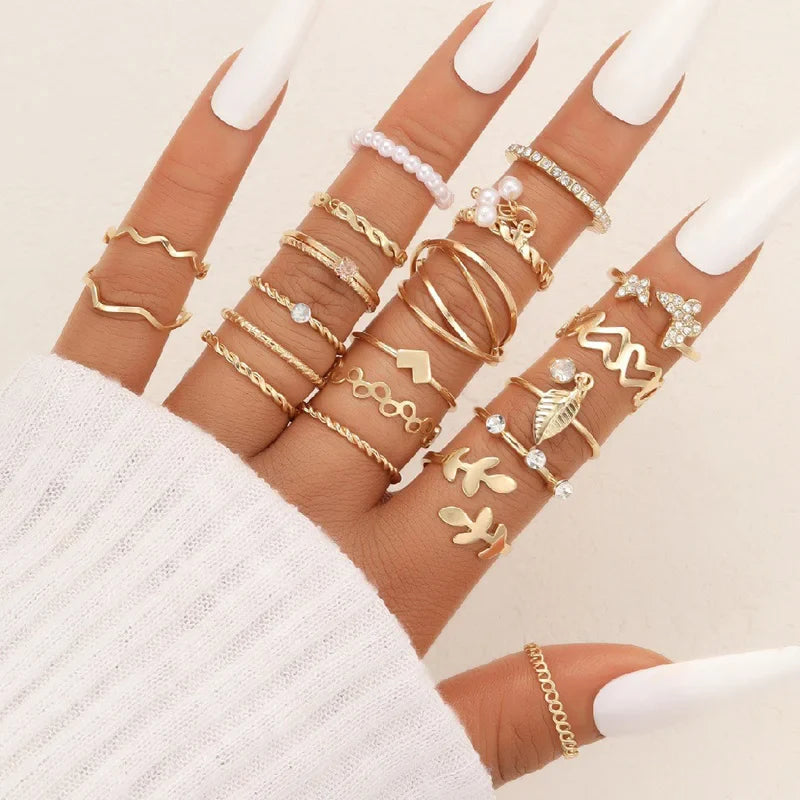 58 Pcs/Set Gold Color Rings Set For Women Men Vintage Hollow Butterfly Pearl Heart Crystal Geometric Rings Trendy Finger Jewelry