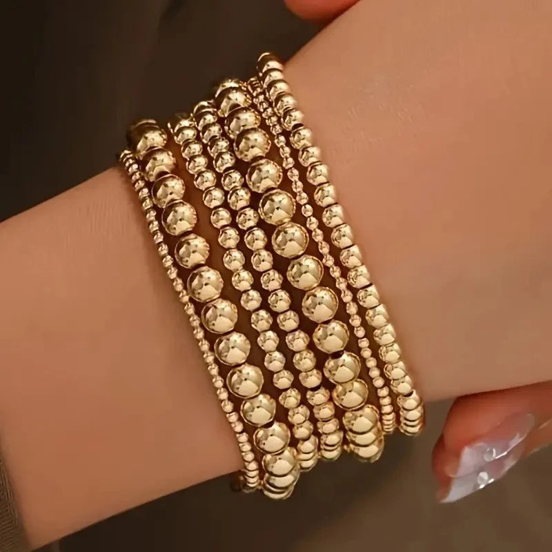 7 Pcs/Set Vintage Handmade Gold Color Beads Bracelets Set Stretch Women Trendy Bracelets Fshion Girls Party Boho Jewelry Gifts