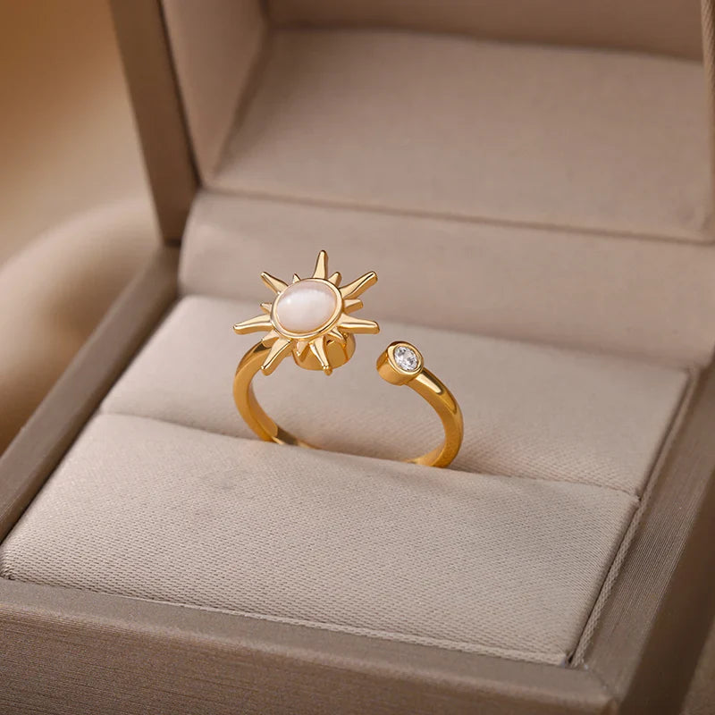 Rotating Sun Opal Ring For Women Stainless Steel Retro Charm Adjustable Open Rings Party Jewelry Best Friend Gift Bijoux Femme