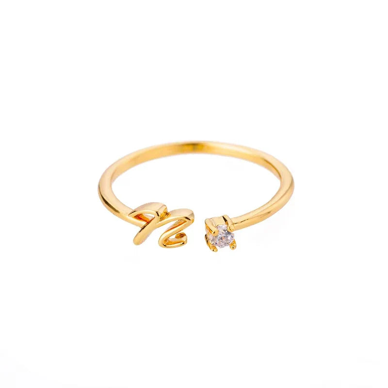 A-Z Initial Letter Open Rings for Women Stainless Steel Gold Color Zircon Adjustable Ring Trendy Couple Wedding Jewelry Gift