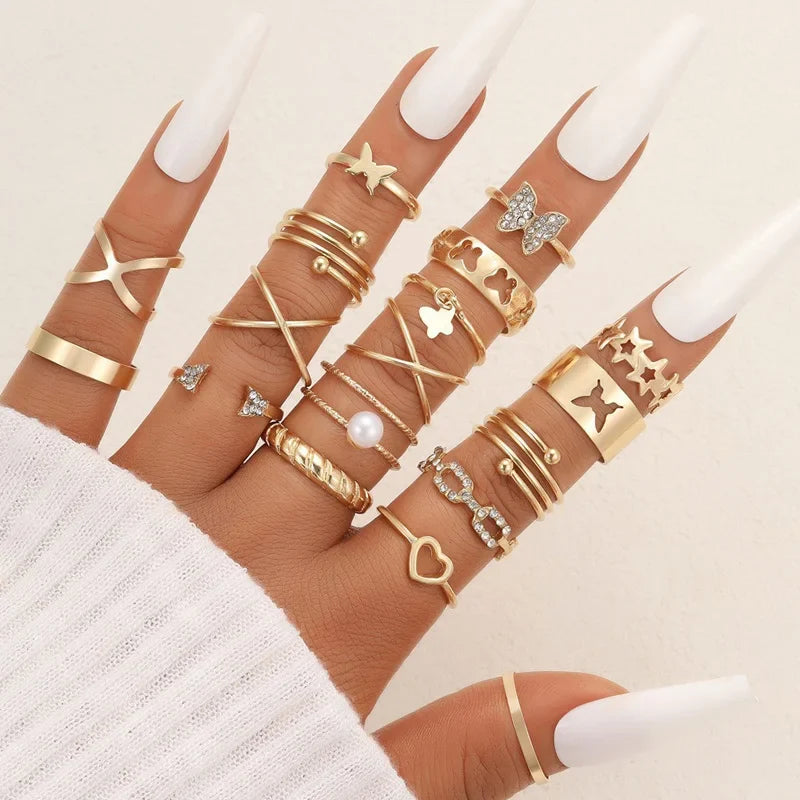 58 Pcs/Set Gold Color Rings Set For Women Men Vintage Hollow Butterfly Pearl Heart Crystal Geometric Rings Trendy Finger Jewelry