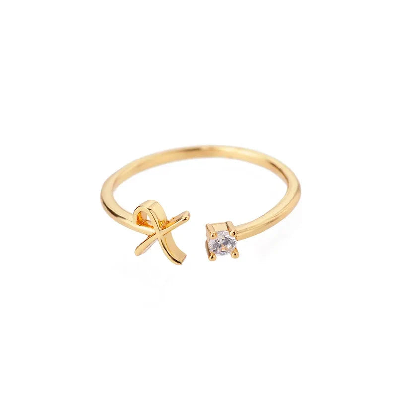 A-Z Initial Letter Open Rings for Women Stainless Steel Gold Color Zircon Adjustable Ring Trendy Couple Wedding Jewelry Gift