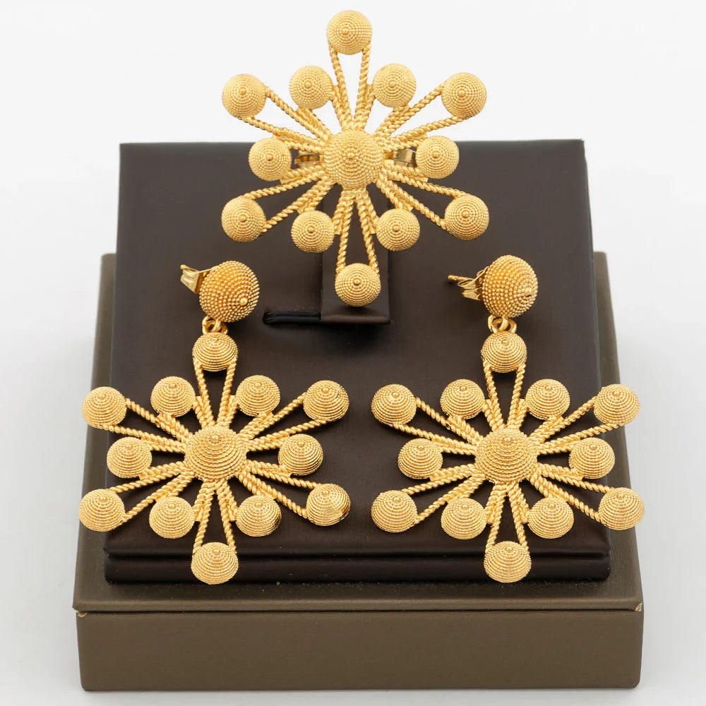 African Flower Design Earrings and Ring Jewelry Set 18k Gold Plated Clip Earrings and Finger Ring Bohemia Design Jewelry Set