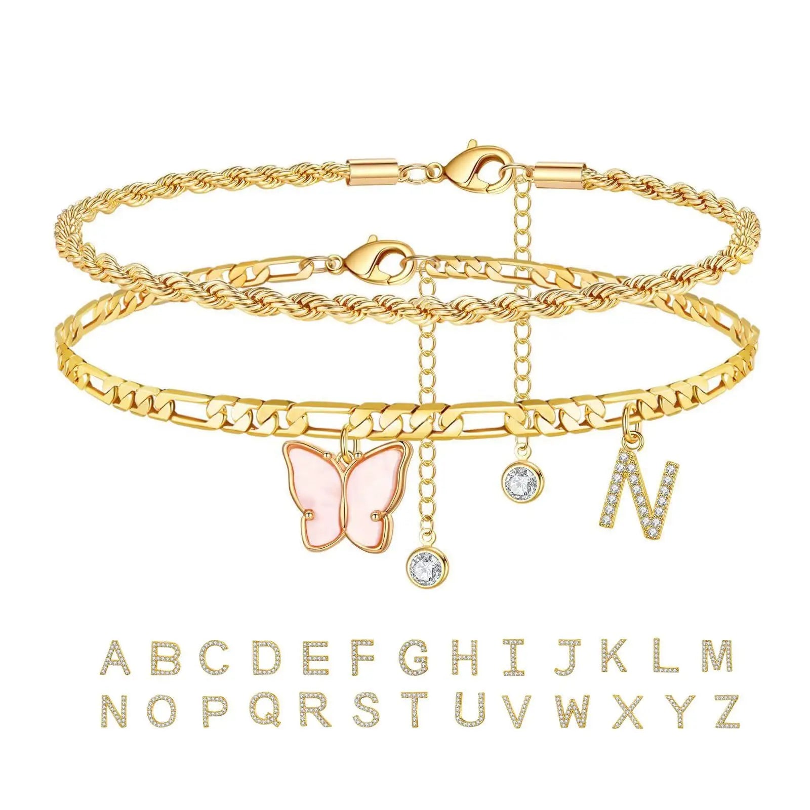2Pcs Stainless Steel Initial Anklet Set For Women 26 Letter Acrylic Butterfly Charm Chain On Foot Summer Ankle Bracelet Jewelry