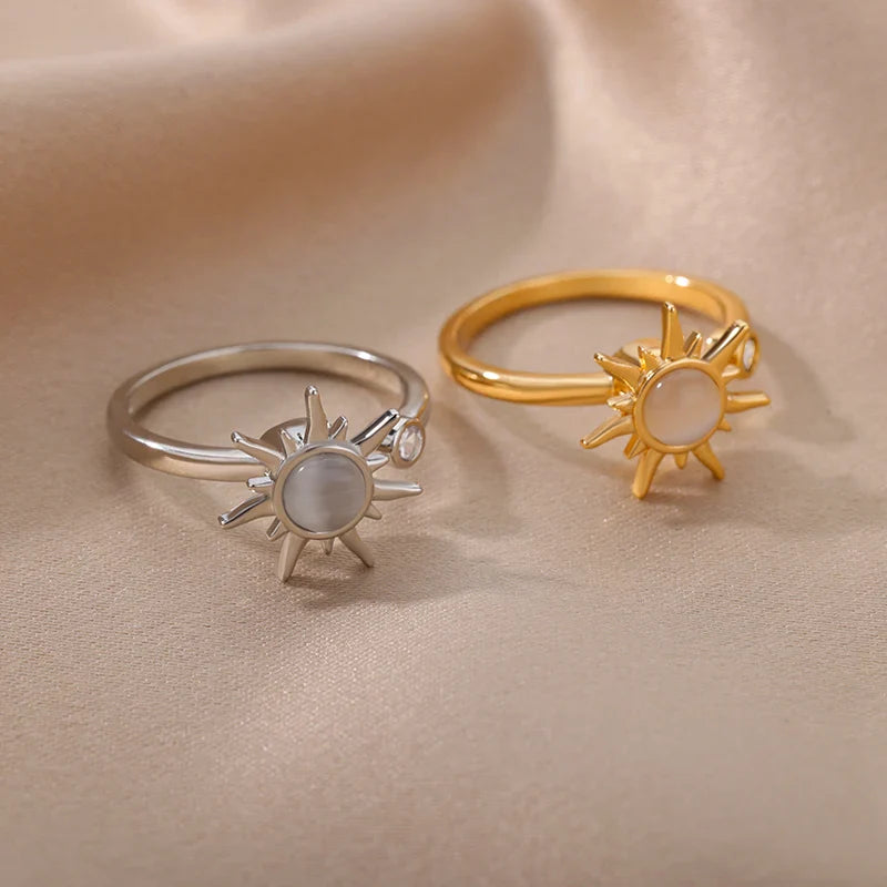Rotating Sun Opal Ring For Women Stainless Steel Retro Charm Adjustable Open Rings Party Jewelry Best Friend Gift Bijoux Femme