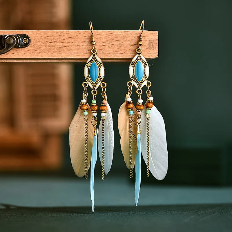 Bohemian Ethnic Feather Earrings For Women Long Tassel Beads Handmade Drop Dangle Earrings Girl Fashion Wedding Jewelry Gift