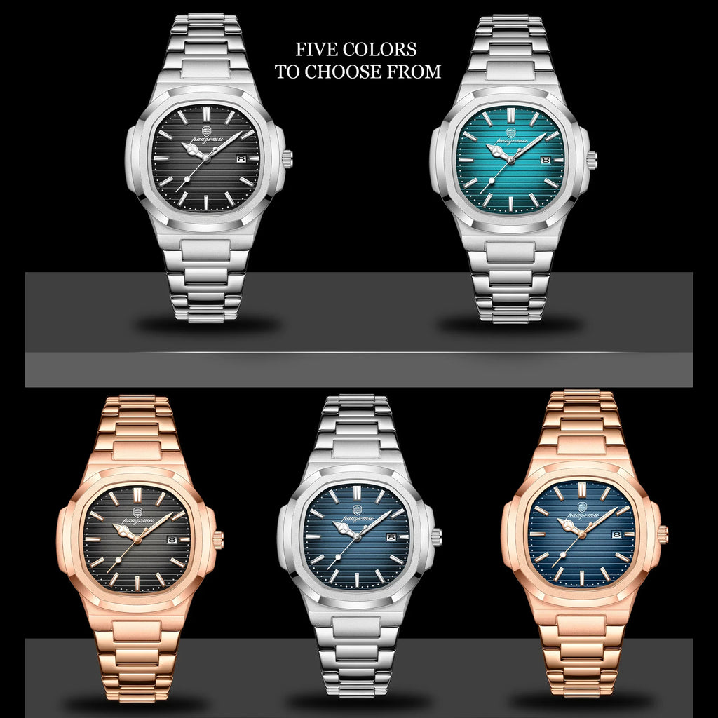 PAAZOMU Luxury Watch Business 50 ATM Waterproof Male Clock Luminous Date Stainless Steel Square Quartz Men Watches reloj hombre
