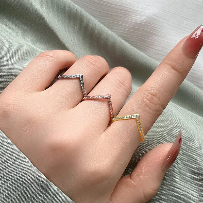 2mm Thin V Shape Pave CZ Stackable Ring Stainless Steel Wedding Band for Women Girl Size 5-10