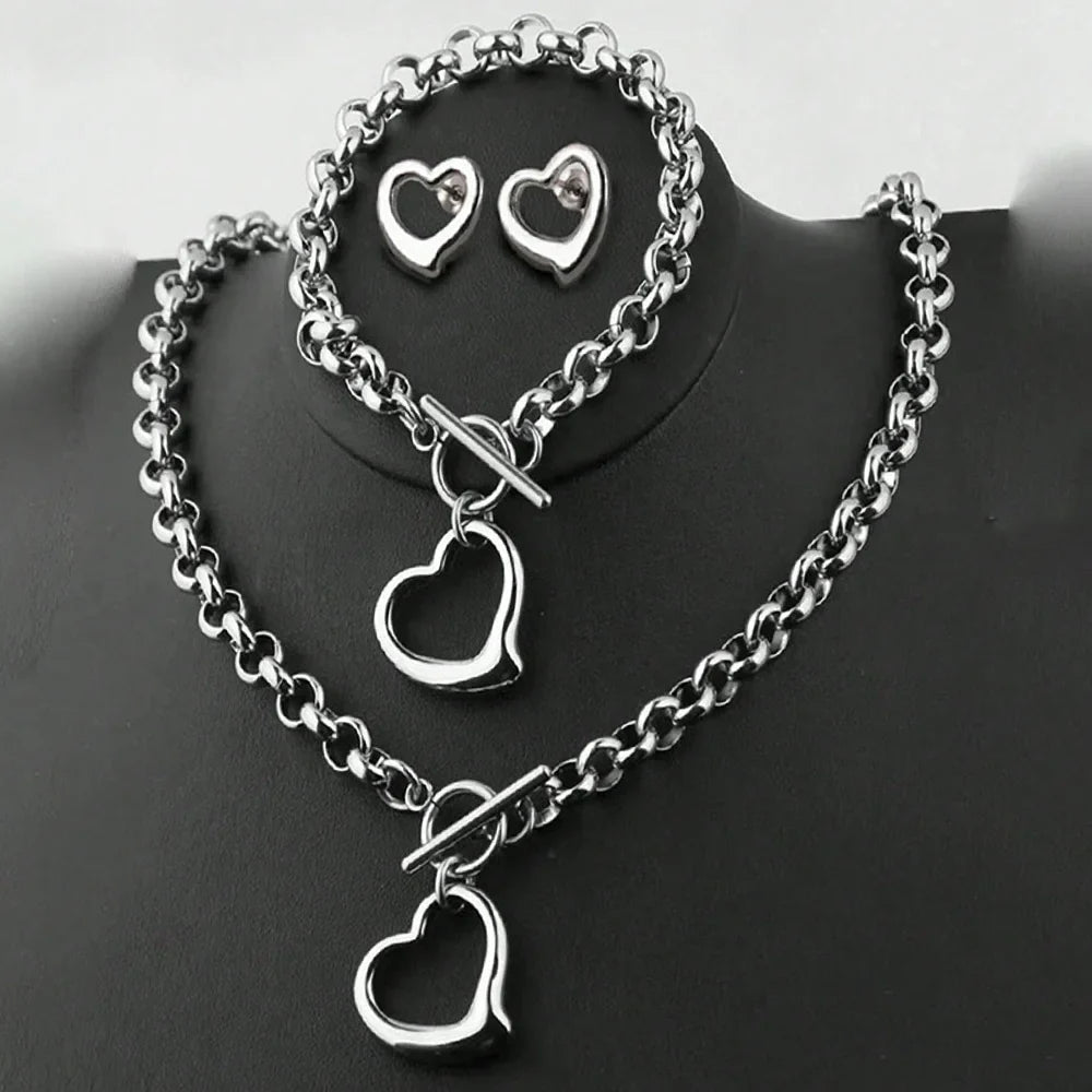 Aomogo Set INS Exquisite Love Fashion Stainless Steel Bracelet Earrings Necklace Pendant Set Women's Daily Goods Party Favors