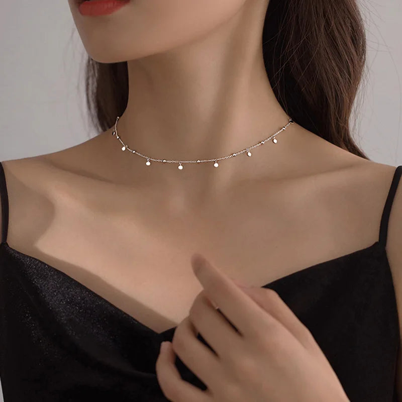 925 Sterling Silver Neck Chain Tassels Round Necklaces Women Jewelry Exquisite Elegant Aesthetic Charms Accessories Argent 925
