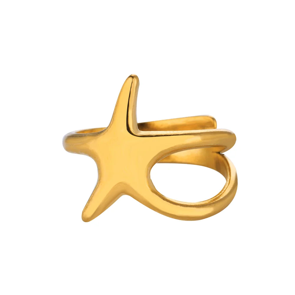 316L Stainless Steel Starfish Shell Rings for Women Gold Color Open Finger Ring Femme Trendy Summer Vacation Ocean Jewelry Gift