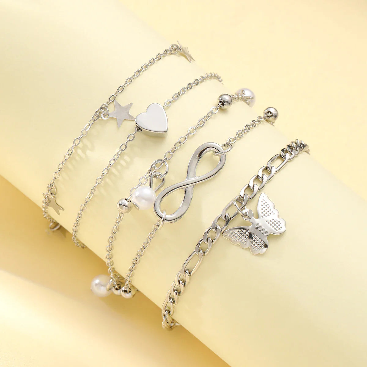 Bohemian Summer Beach Anklet Set For Women Vintage Silver Color Pearl Butterfly Star Heart Pendant Charm Chain On Leg Jewelry