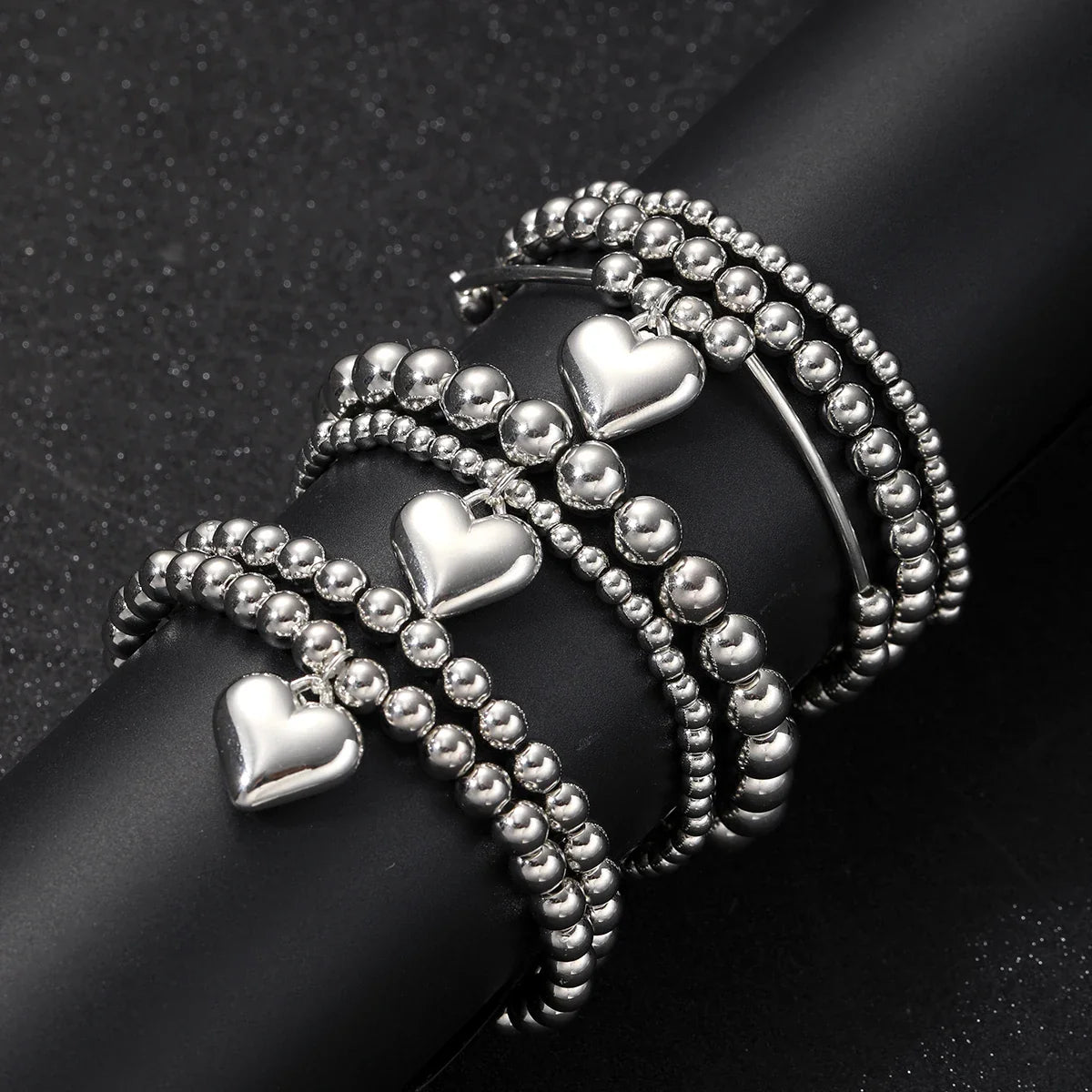 7Pcs/Set Chic Heart Charm Beaded Bracelet Set For Women Vintage Simple Silver Color Exquisite Multi-Layer Bracelets Jewelry Gift