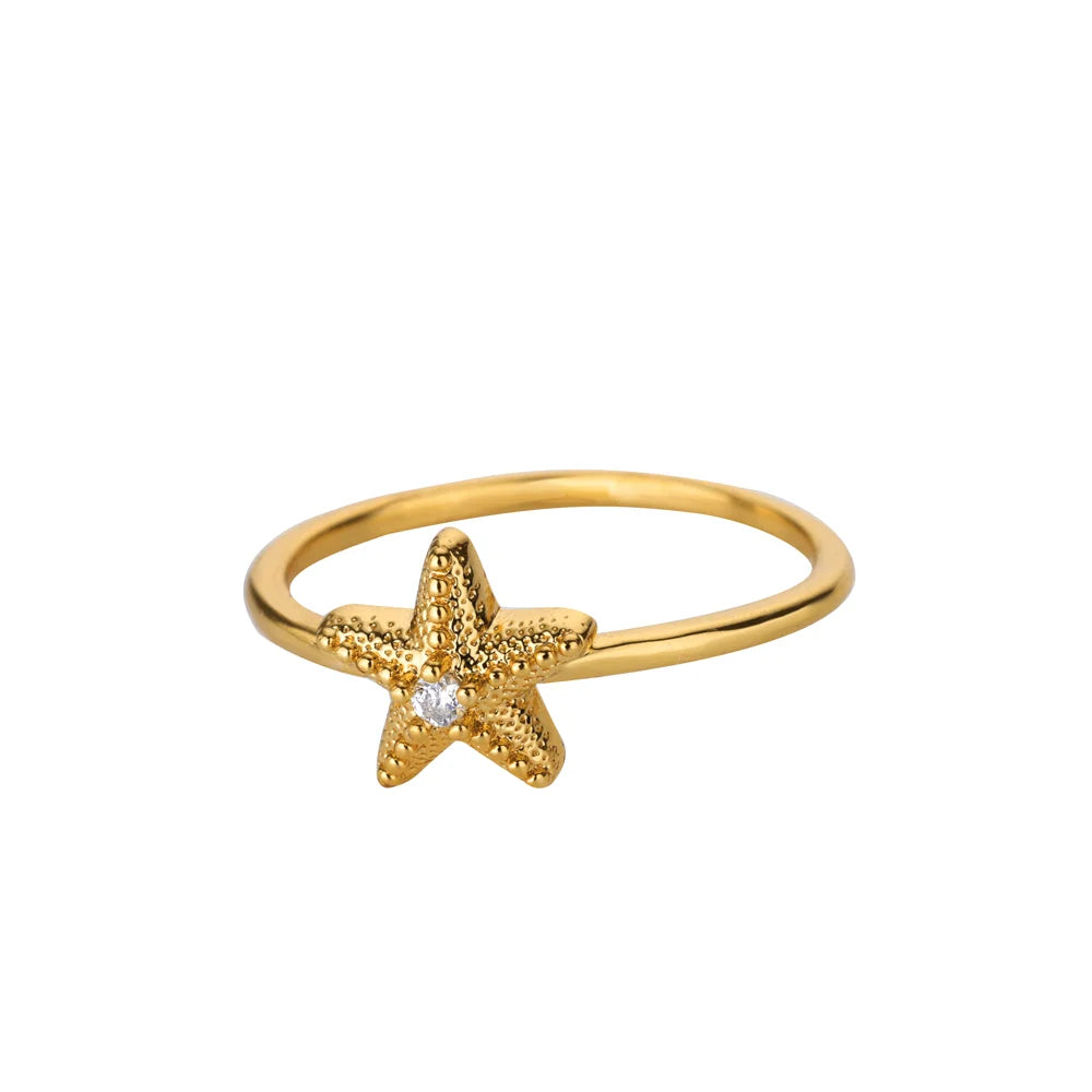 316L Stainless Steel Starfish Shell Rings for Women Gold Color Open Finger Ring Femme Trendy Summer Vacation Ocean Jewelry Gift