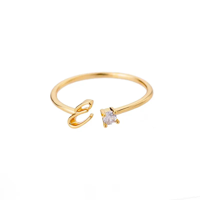 A-Z Initial Letter Open Rings for Women Stainless Steel Gold Color Zircon Adjustable Ring Trendy Couple Wedding Jewelry Gift