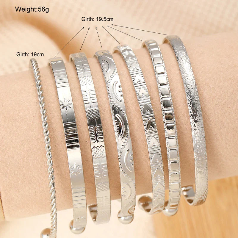7Pcs/Set Vintage Elegant Rhombus Heart Twist Design Bangle Bracelet Gold Color Smooth Bracelets Set For Women Charm Jewelry Gift