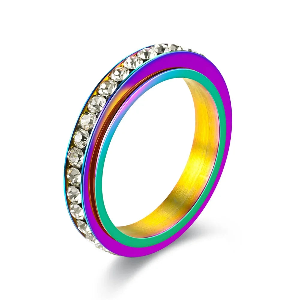4MM Stainless Steel Spinner Finger Rings For Women Crystal Rotatable Wedding Ring Men Fashion Anniversary Party Jewelry