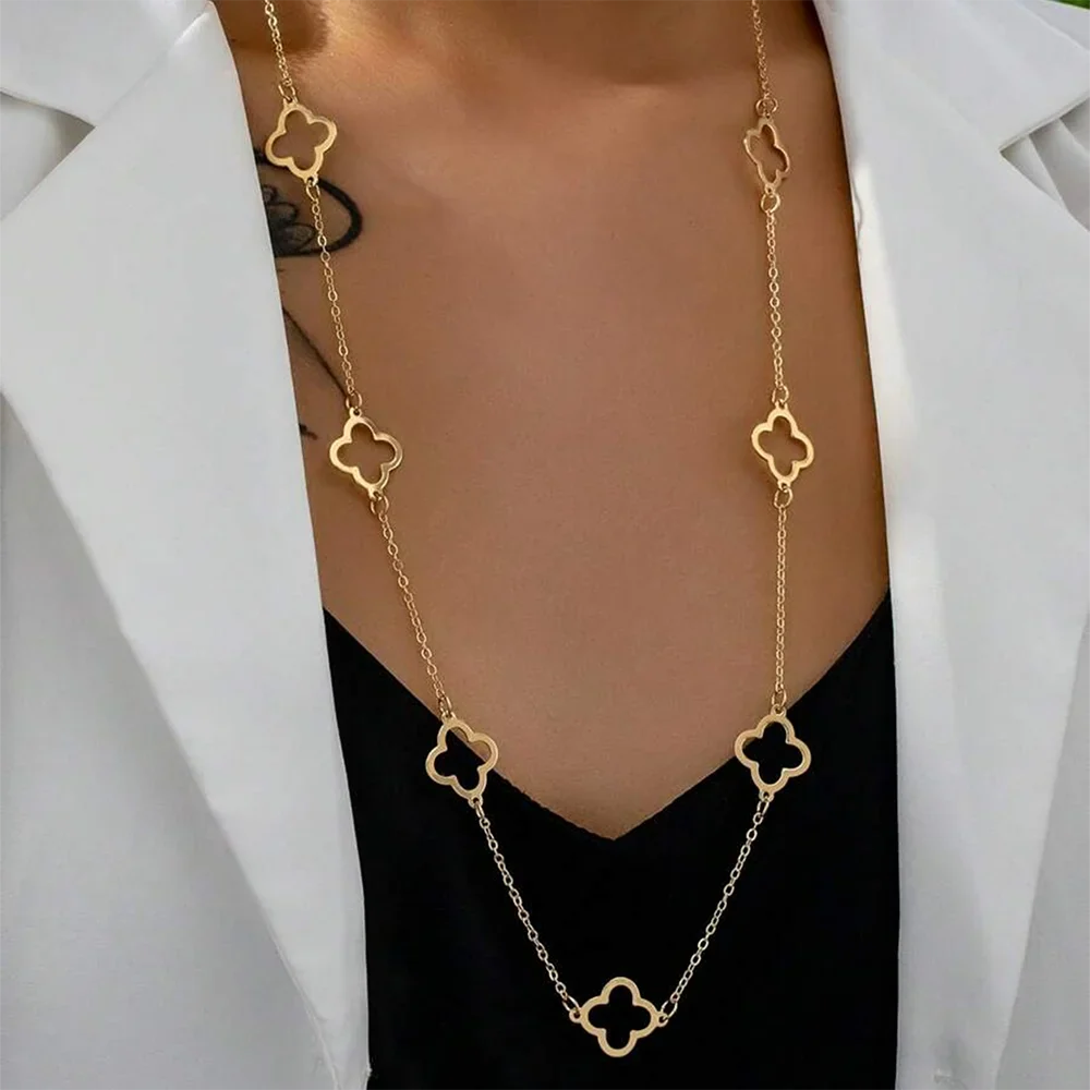 Aomogo Stainless Steel 2025 New Hollow Four-Leaf Clover Pendant Necklace Simple Fashion Design Collarbone Chain Jewelry Gifts
