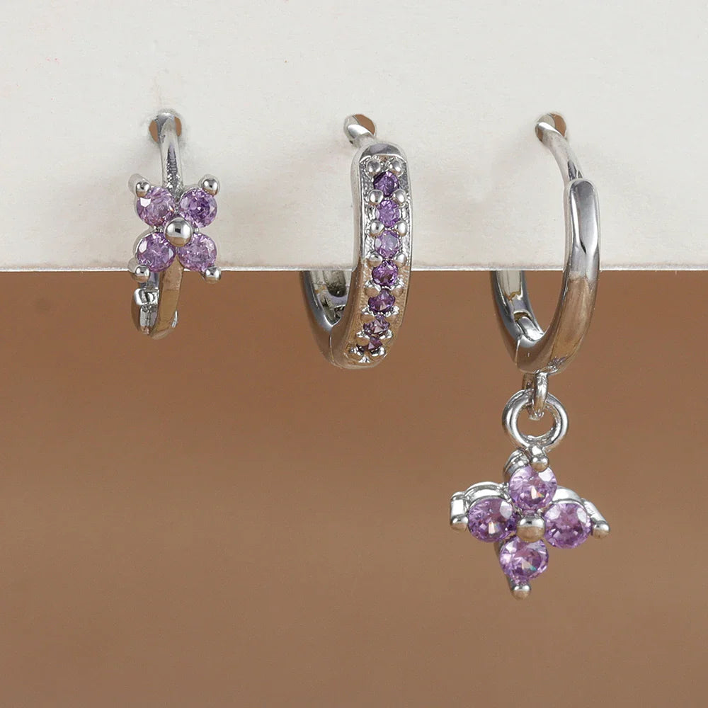 3PCS Trendy Stainless Steel Flower Drop Earring Set For Women Crystal Zirconia Dangle Earring Hypoallerg Piercing Jewelry aretes