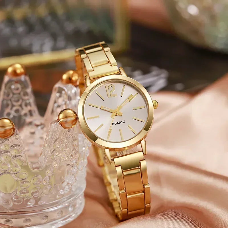 Relógio de pulso de quartzo redondo simples para mulheres, moda inoxidável, pulseira de ouro, relógios femininos, luxo,