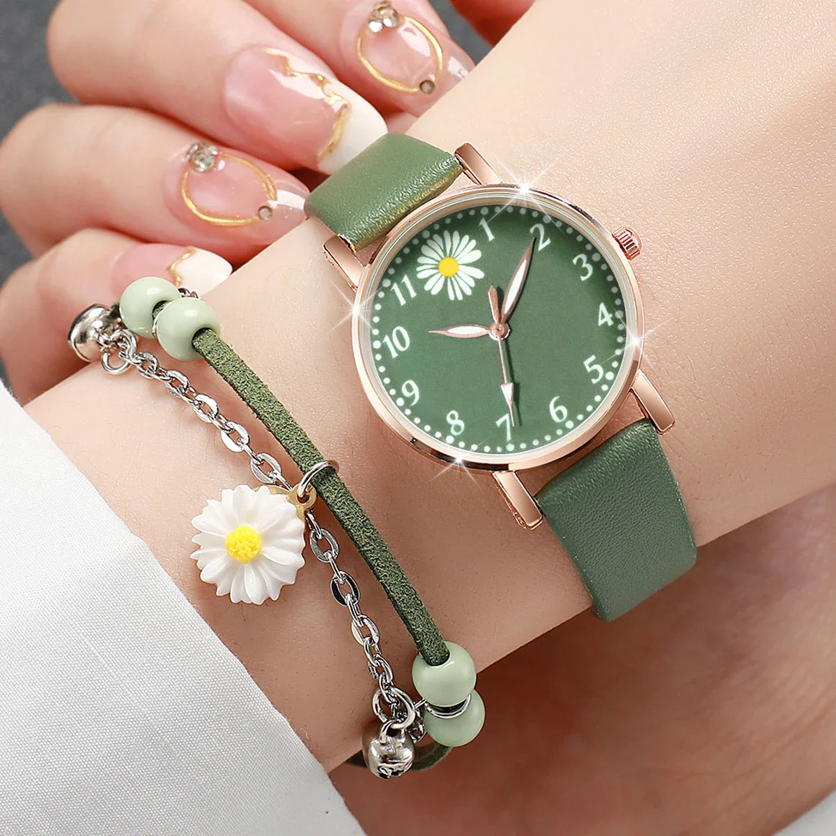 2PCS/Set Fashion Women Watches Bracelet Set Simple Arabic Dial Leather Strap Quartz Watches Reloj Mujer Girls Clock Gift