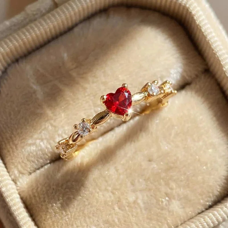 925 Sterling Silve Plated 18K Gold Zircon Red Love Heart Rings for Women Party Wedding High Quality Vintage Fine Jewelry