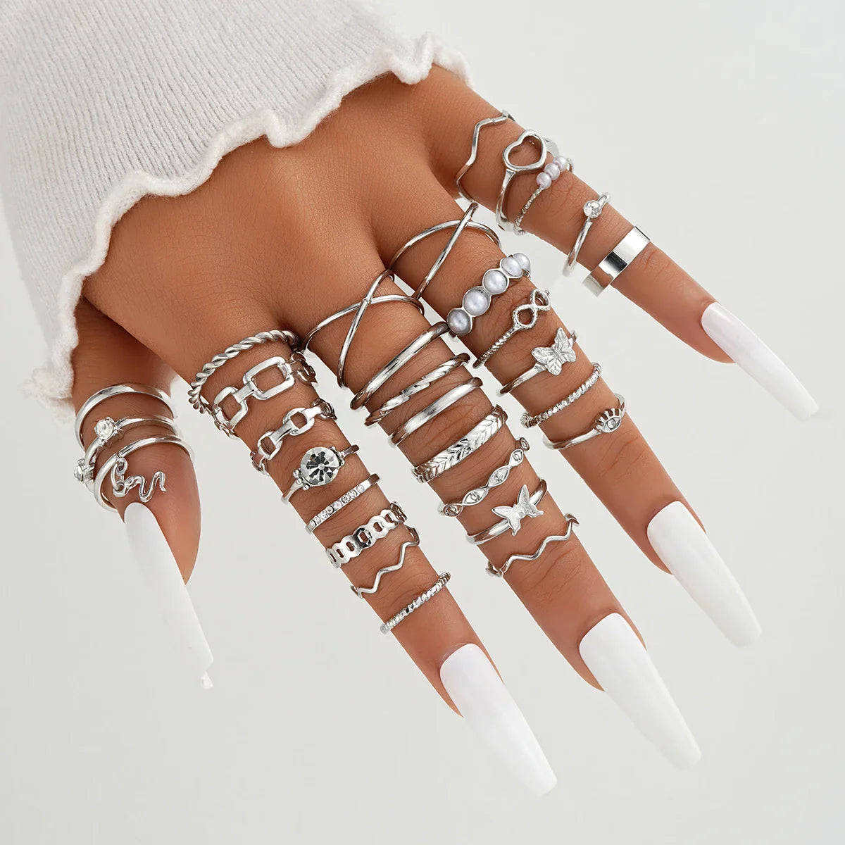 30 PCS Silver Color Geometric Ring Set For Women Vintage Heart Eye Cross Sun And Moon Leaf Charm Finger Ring Female Boho Jewelry
