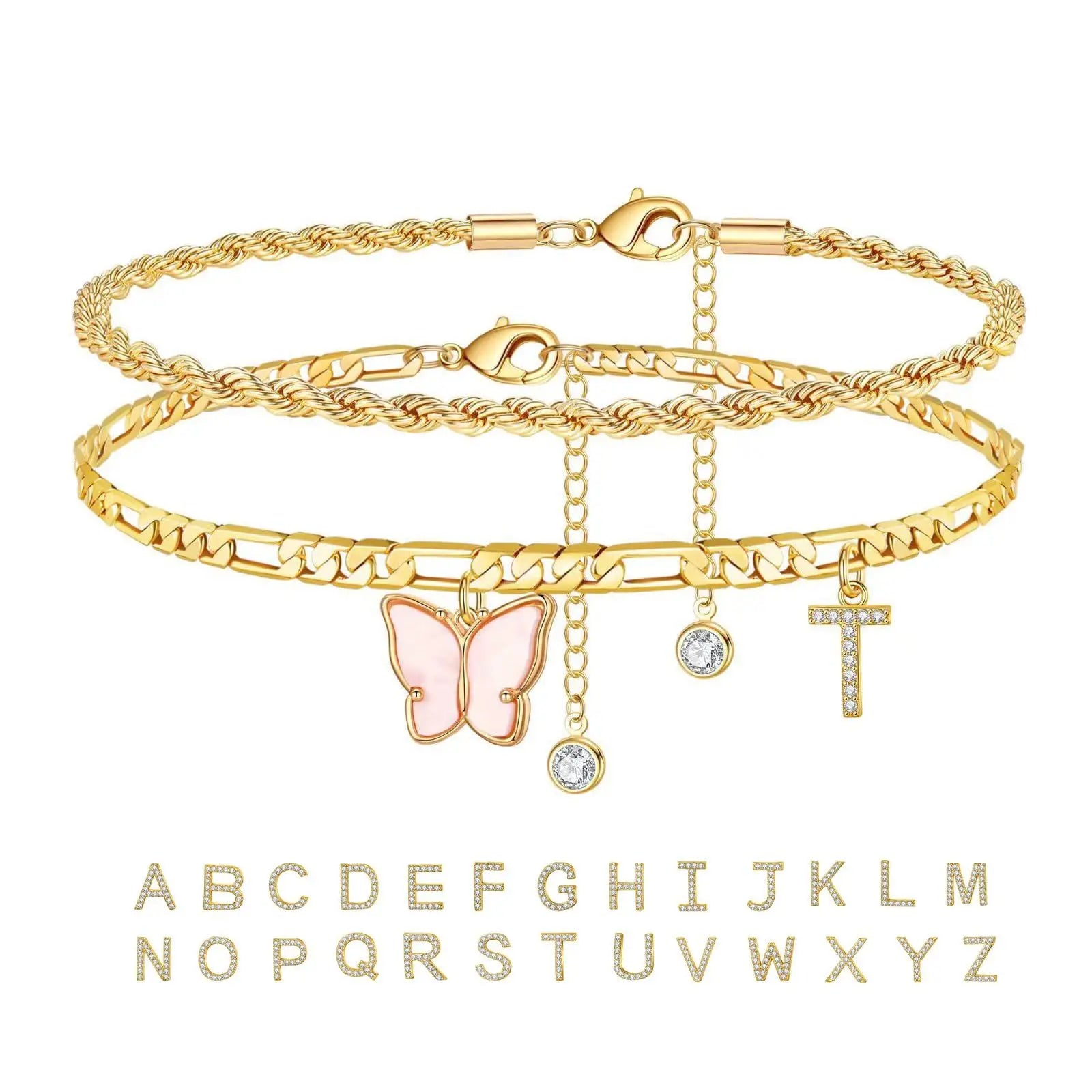 2Pcs Stainless Steel Initial Anklet Set For Women 26 Letter Acrylic Butterfly Charm Chain On Foot Summer Ankle Bracelet Jewelry