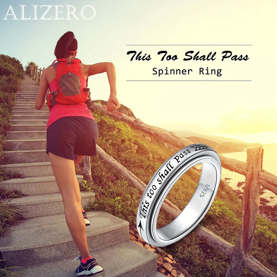 925 Sterling Silver Rotating Ring - "This Too Shall Pass" Quote, Adjustable 6-10 US Size, Bohemian Vintage Style for Women Men