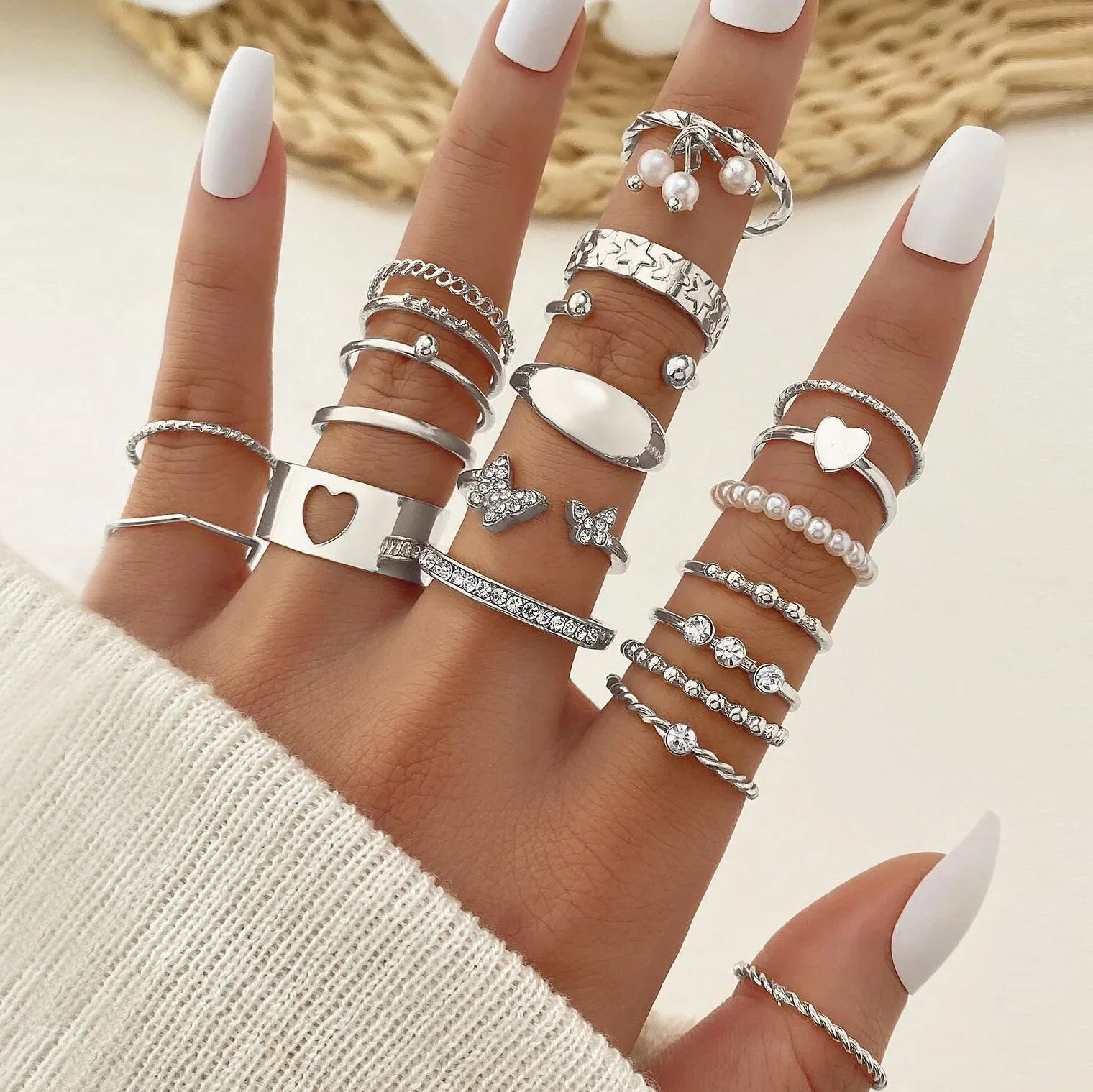 30 PCS Silver Color Geometric Ring Set For Women Vintage Heart Eye Cross Sun And Moon Leaf Charm Finger Ring Female Boho Jewelry