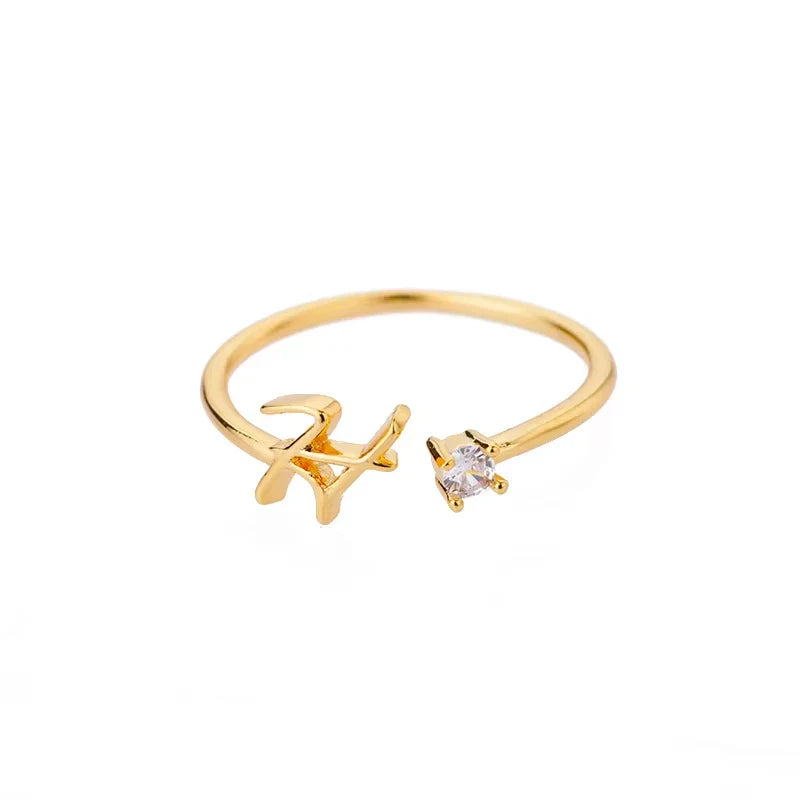 A-Z Initial Letter Open Rings for Women Stainless Steel Gold Color Zircon Adjustable Ring Trendy Couple Wedding Jewelry Gift