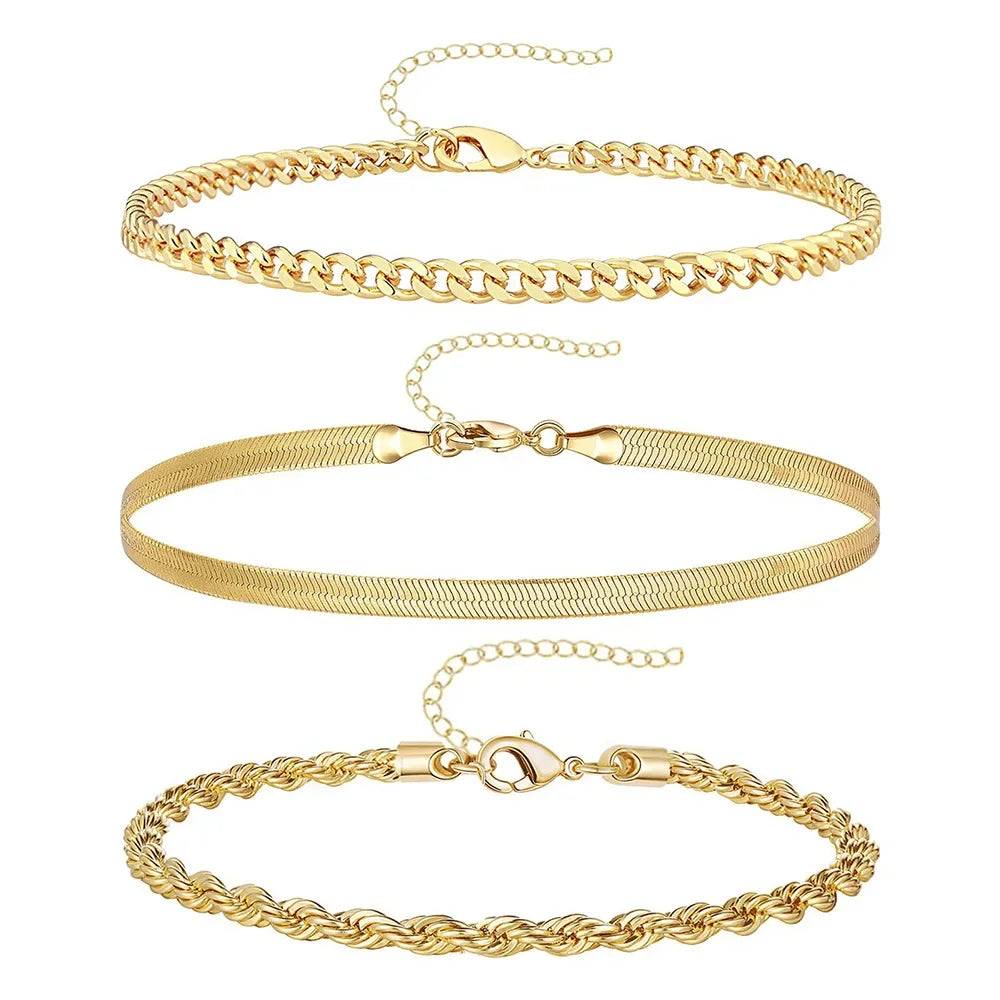 3Pcs Stainless Steel Beach Anklet Set For Women Waterproof Snake Twisted Rope Chain On Foot Jewelry Girls Summer Ankle Bracelet