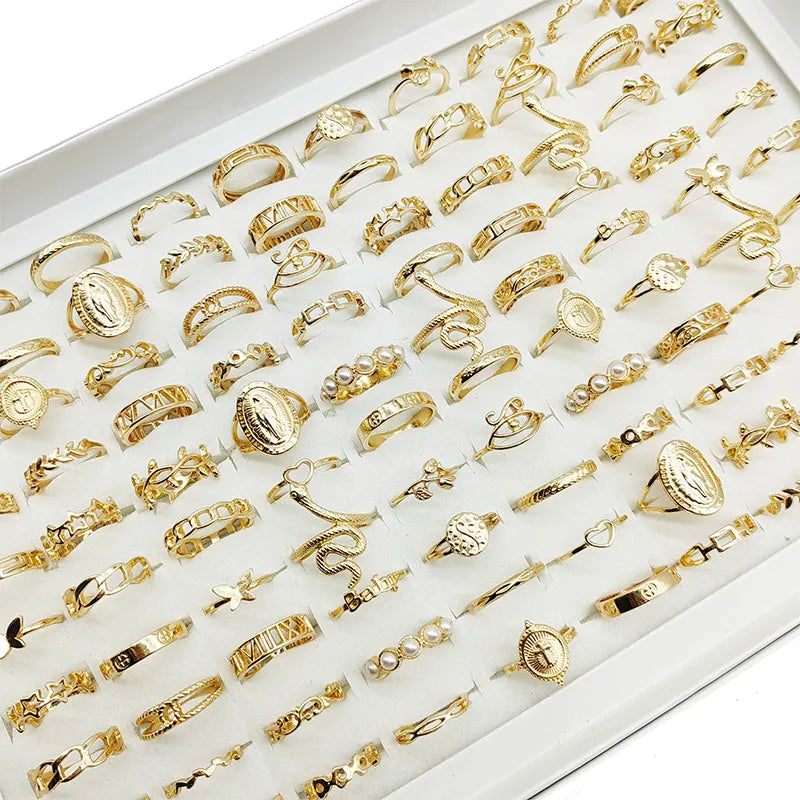 30pc/Lot Gold Color Finger Rings For Girls New Love Snake Animal Butterfly Cutout Star Pearl Thin Joint Ring Party Jewelry Women