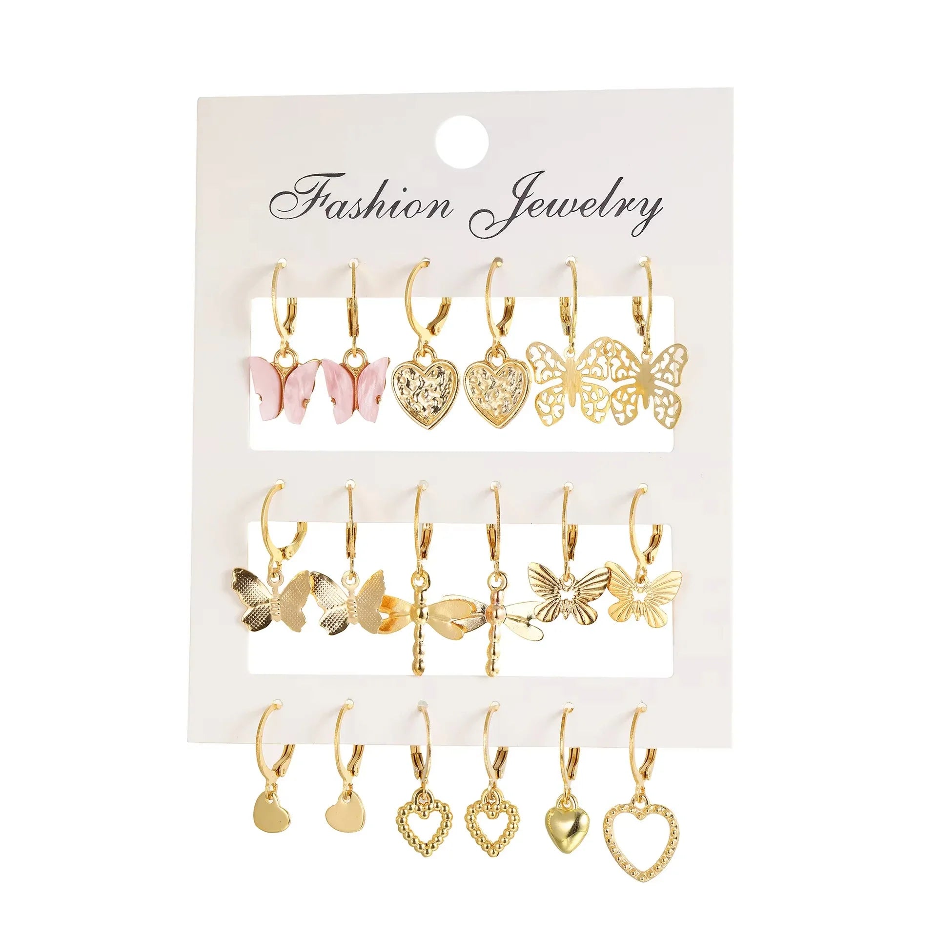 9 Pairs/ Set Exquisite Butterfly Heart Dragonfly Design Dangle Earrings Simple Vacation Style Delicate Holiday Earrings