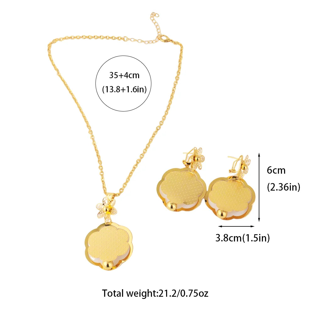 African Gold Color Women Necklace and Earrings Trend Dubai Flower Hollow Out Jewelry Set Gift For Party Wedding Daily Accessorie