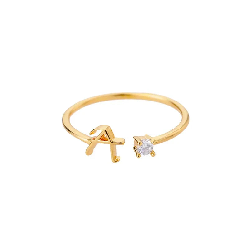 A-Z Initial Letter Open Rings for Women Stainless Steel Gold Color Zircon Adjustable Ring Trendy Couple Wedding Jewelry Gift