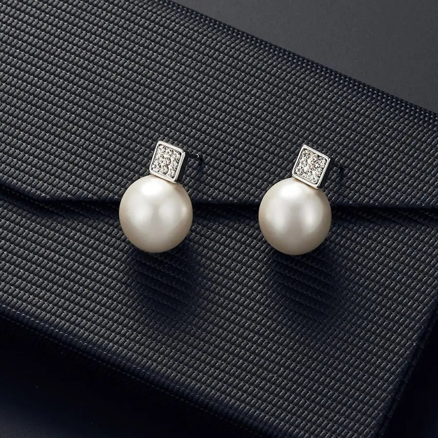 2 PCS Imitation Pearl Pendant Women Necklace Earring Stud Set Silver Color Snake Chain Square Metal Full Crystal Jewelry Set