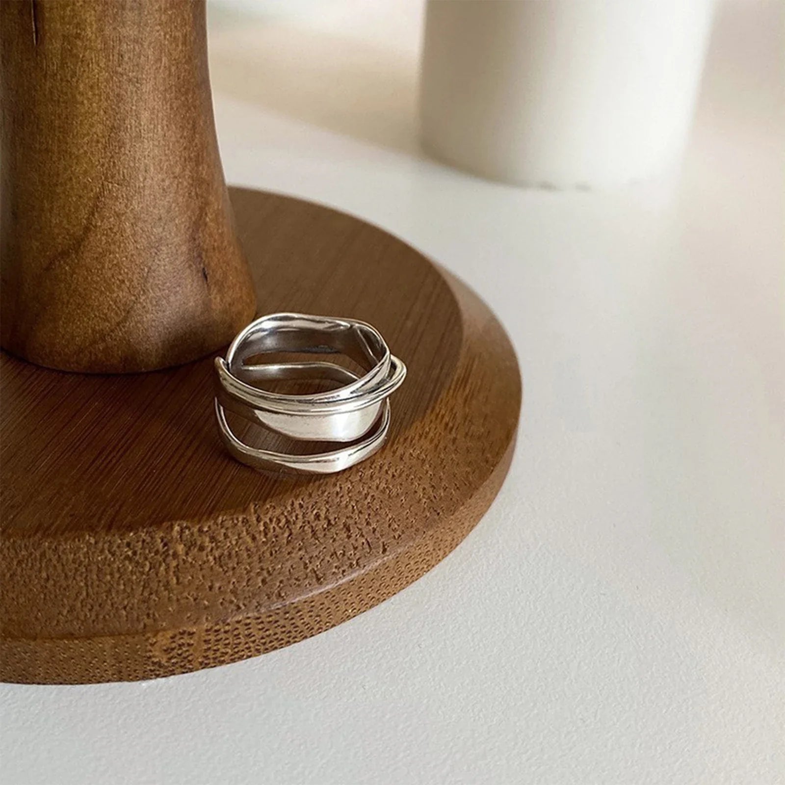 925 Sterling Silver plated Liquid Lava Hetian Jade Bamboo Ring for Women Girl Gift Irregular Vintage Jewelry