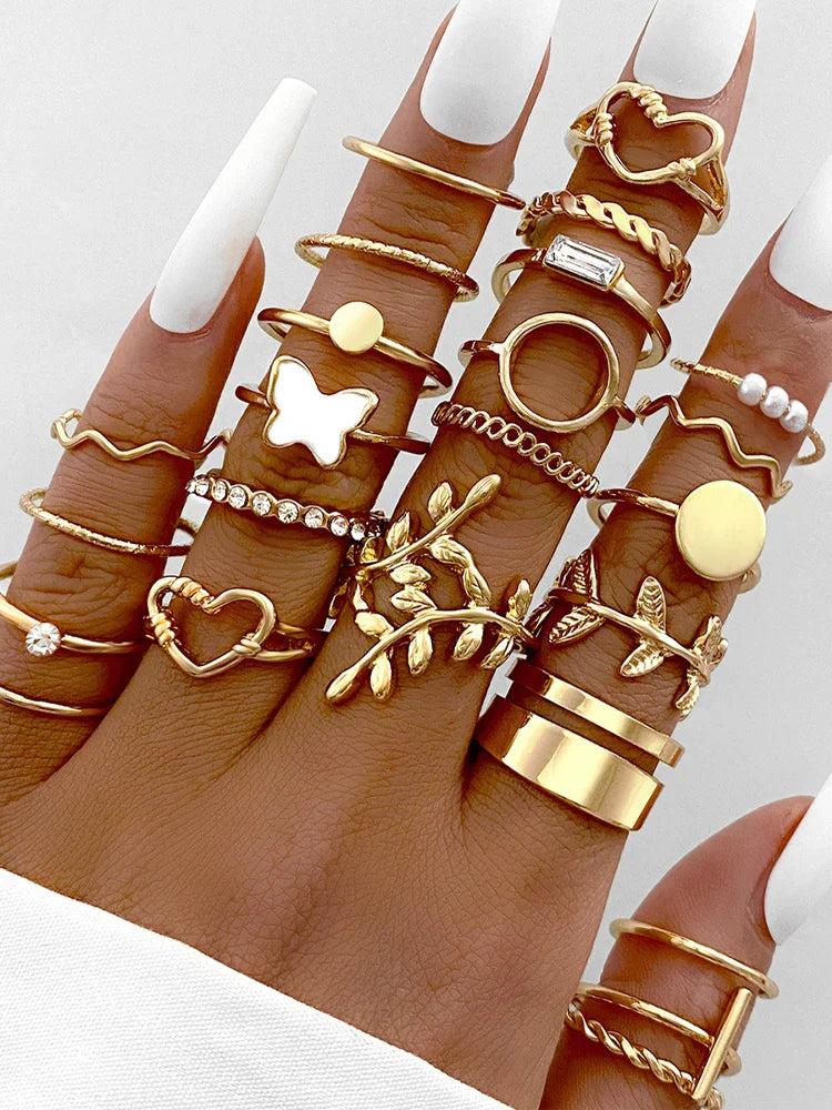 28pcs Fashion Ring Set for Women Heart Shaped Design Geometric Bohemian Element Accent Ring Daily Wear Dating Party Jewelry 2025