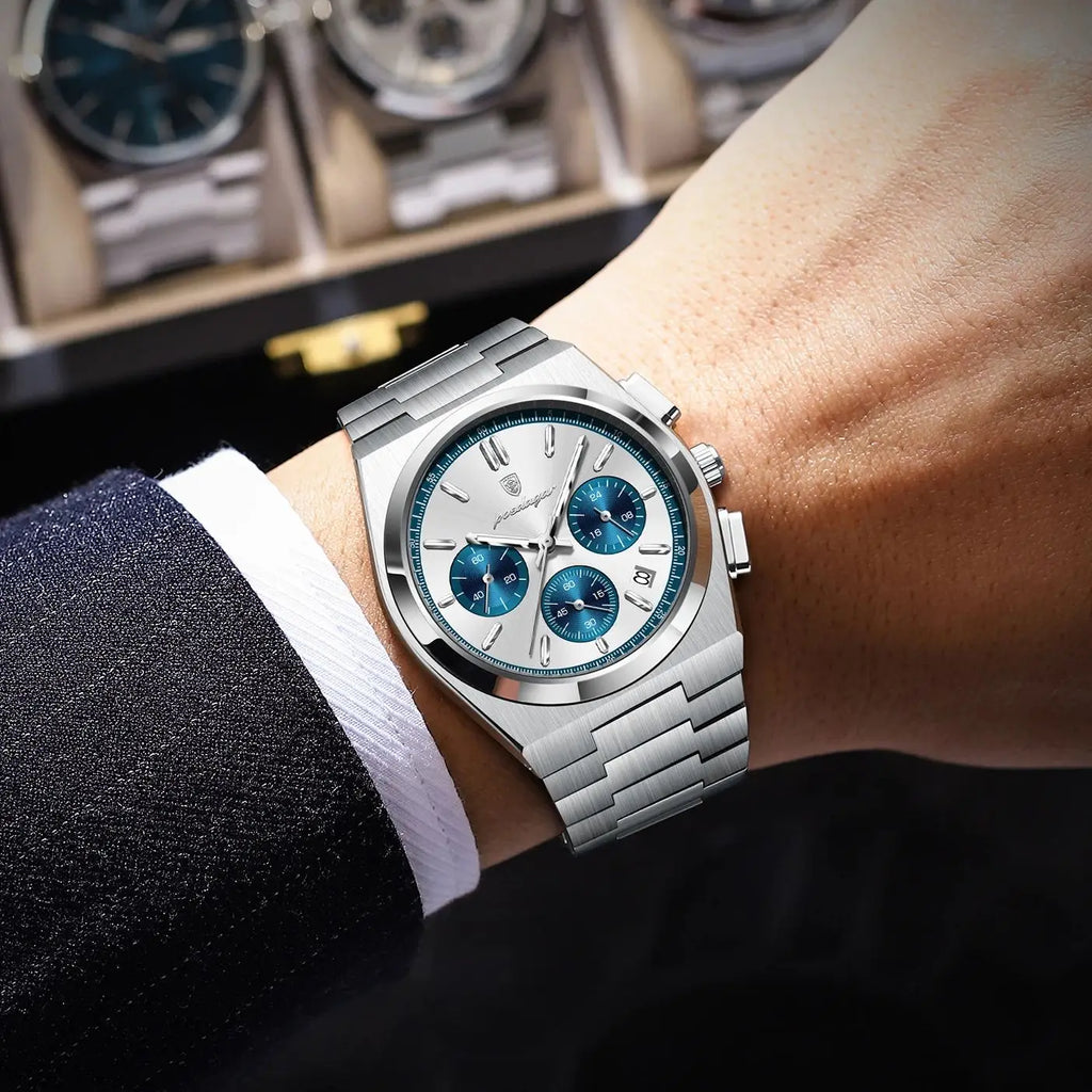 POEDAGAR Luxury Man Watch Chronograph Date Stainless Steel Sport Men Wristwatch Waterproof Luminous Fashion Quartz Men's Watches